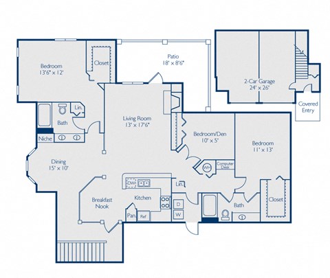 Floor plan for 3 beds, 2 baths, 1623 sqft